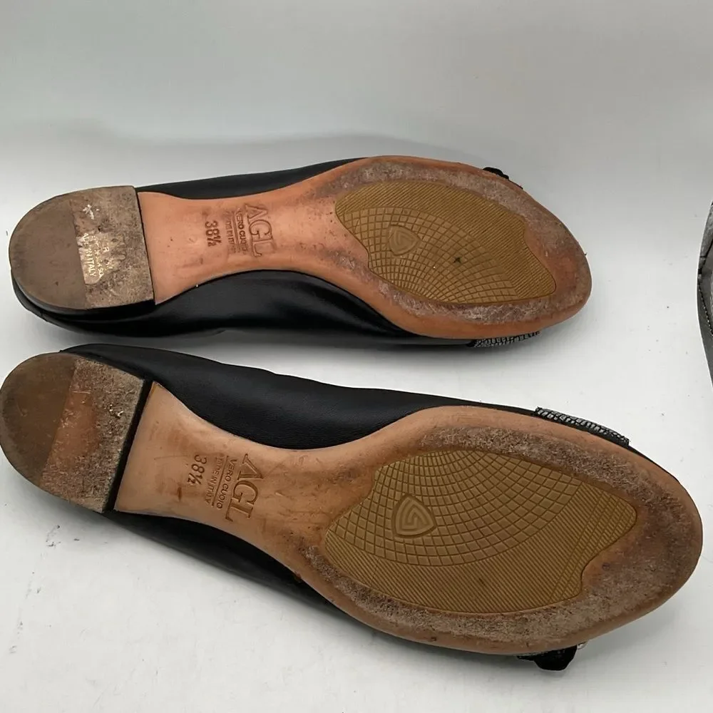 AGL ladies ballet flats shoes 38 1/2 us 8 1/2 black silver peep toe leather chic - Picture 9 of 13